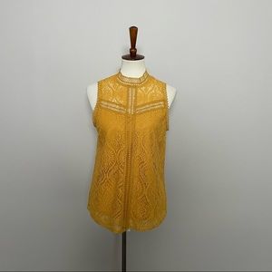 Sandy & Sid Top Crocheted Lace Sleeveless Illusion High Neckline Mustard Yellow